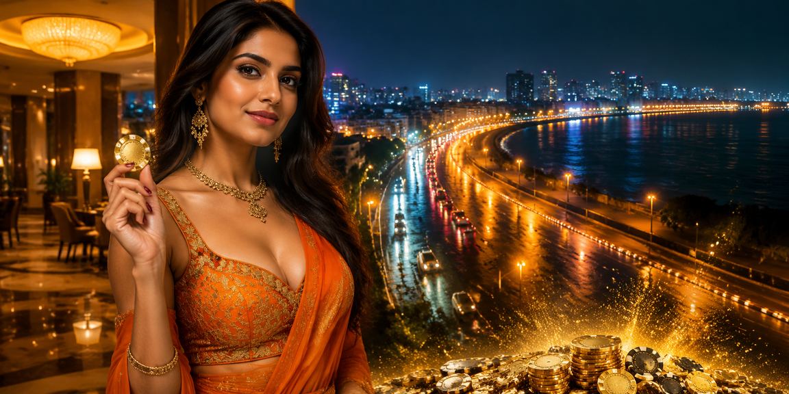 Neon lights at Mumbai Marine Drive with Andar Bahar casino signs